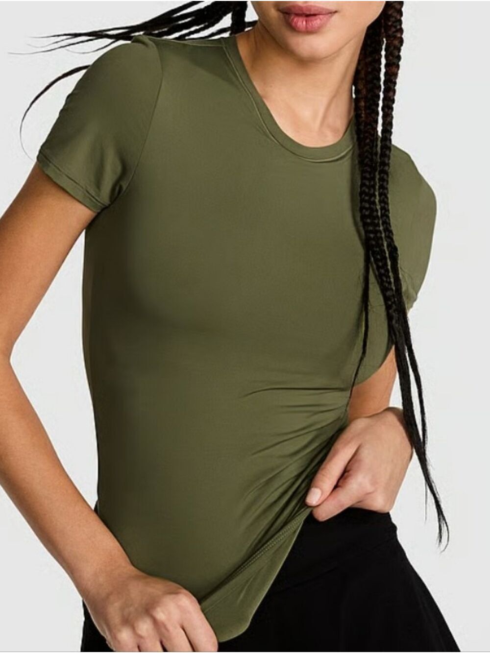 VS PINK Base Stretch Short-Sleeve Tee Sz Large NWT Olive Shade